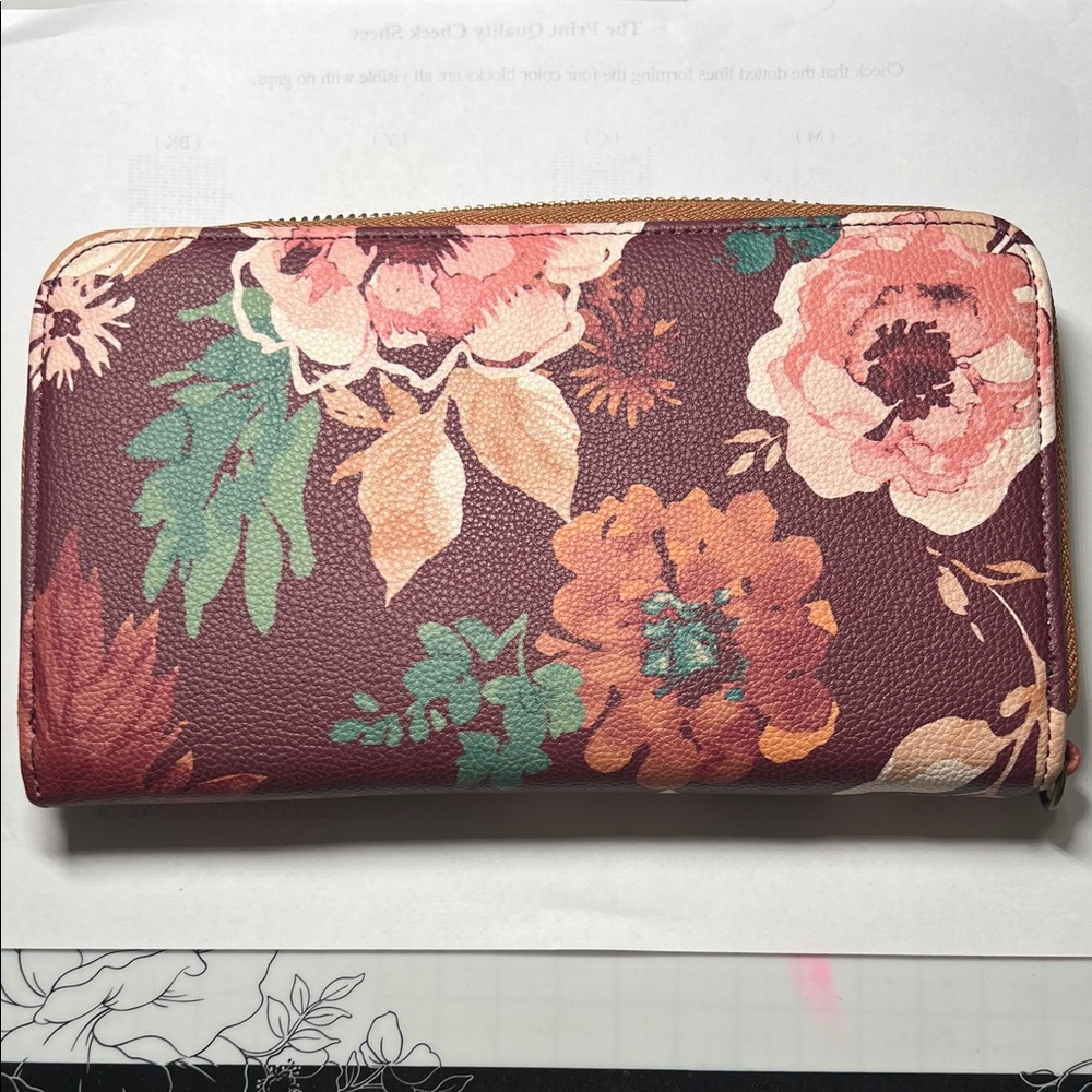 Thirty-One All About The Benjamins Autumn Garden Smooth Pebble Burgundy Wallet